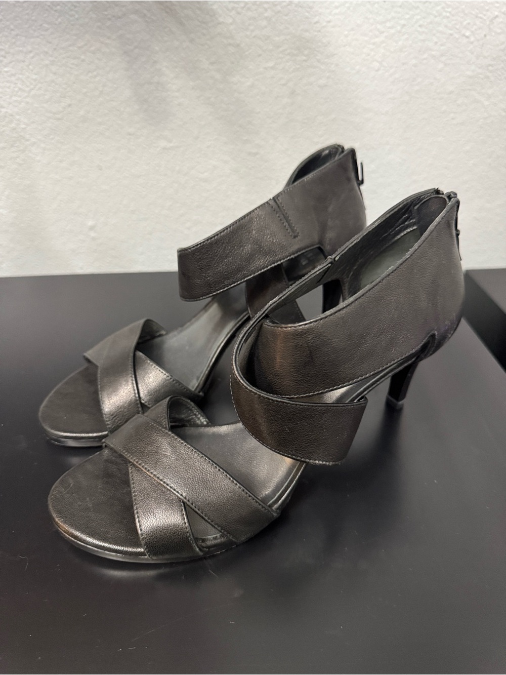 Stuart Weitzman Black Leather Crisscross Ankle-Strap Heels